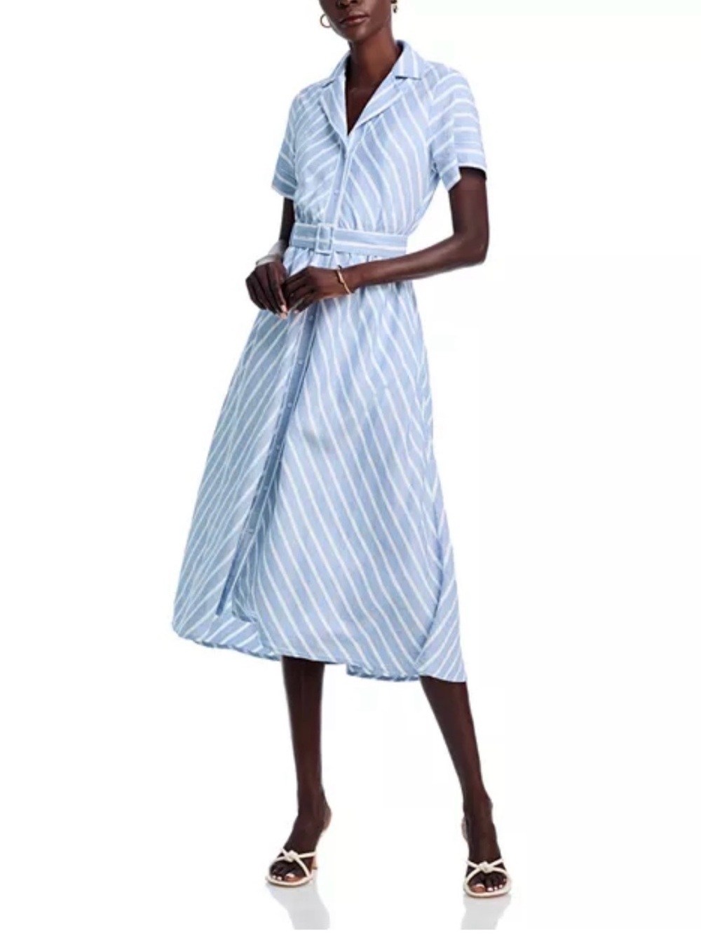 Tahari Blue & White Striped Midi Shirt Dress with Tie Waist